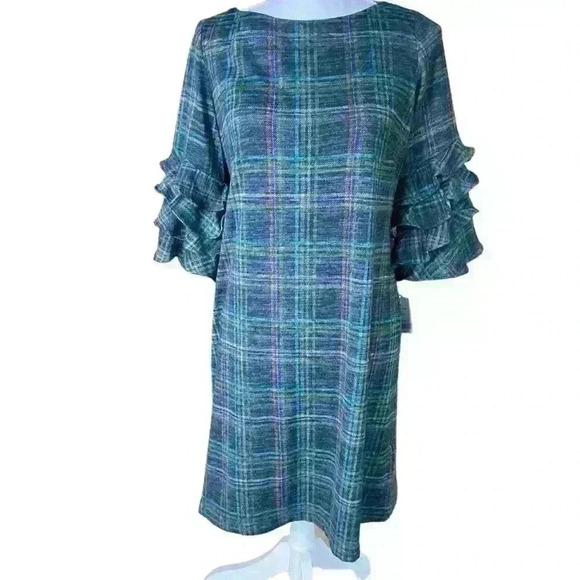 Gabby Skye Shift Dress Navy Size 6 Violet Plaid Ruffle Sleeves Cozy Fall Career - Picture 6 of 16